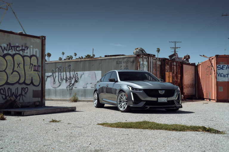 A Silver 2021 Cadillac CT5-V on Blaque Diamond BD-F12 Gloss Black Wheels