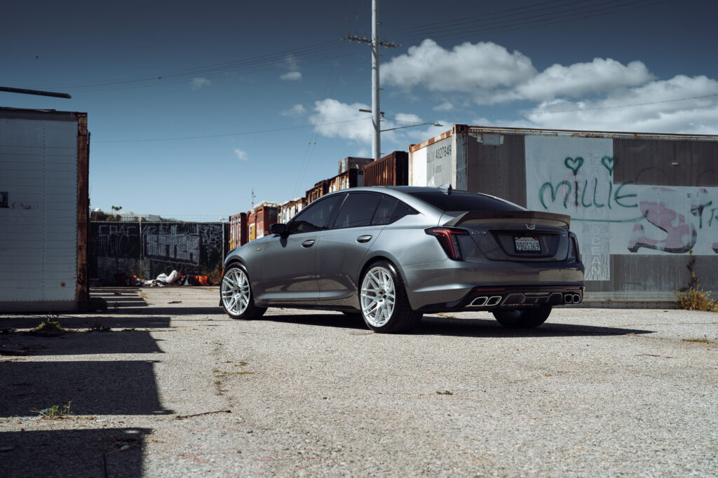 A Silver 2021 Cadillac CT5-V on Blaque Diamond BD-F12 Gloss Black Wheels