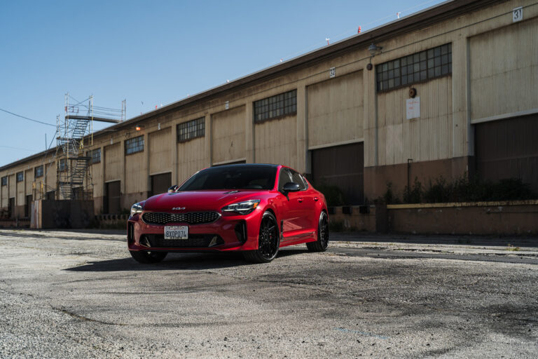 A 2022 Kia Stinger GT on Blaque Diamond BD-F20 Gloss Black Wheels