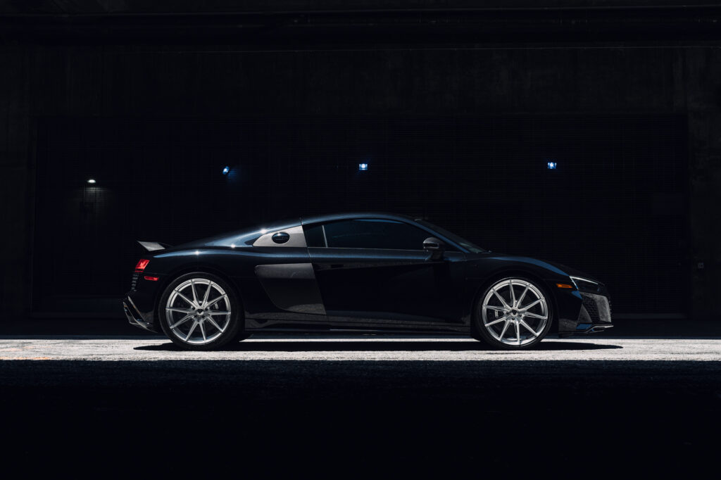 A 2020 Audi R8 on Blaque Diamond BD-F29 Brushed Silver Wheels