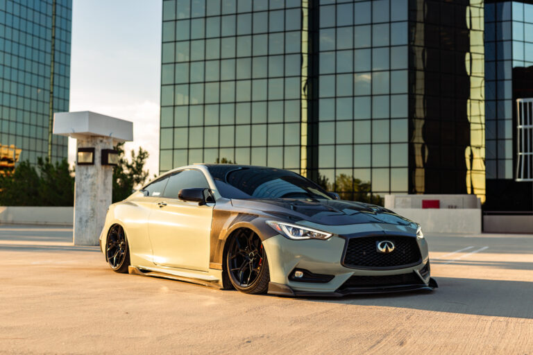 Dark Khaki Green 2017 Infiniti Q60 on Blaque Diamond BD-F25 Gloss Black Wheels