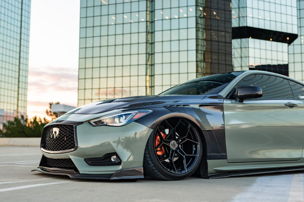 Dark Khaki Green 2017 Infiniti Q60 on Blaque Diamond BD-F25 Gloss Black Wheels