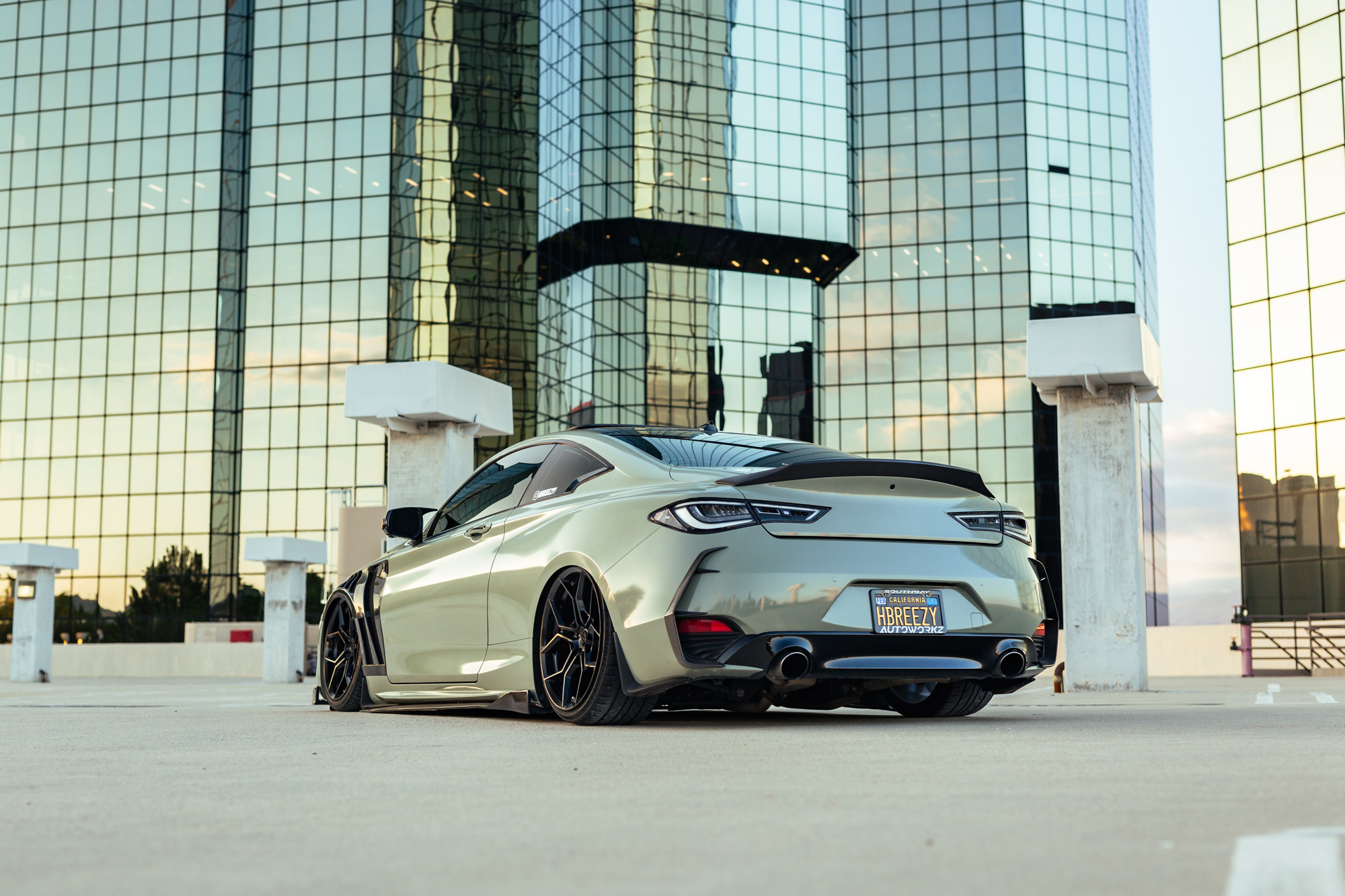 Dark Khaki Green 2017 Infiniti Q60 on Blaque Diamond BD-F25 Gloss Black Wheels