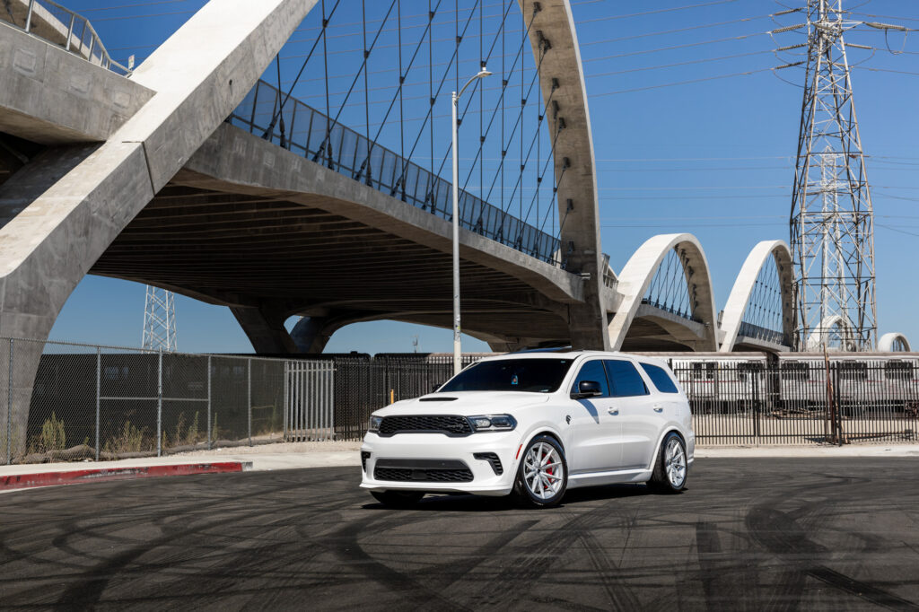 A 2021 White Dodge Durango on Blaque Diamond BD-F29 Brushed Silver Wheels