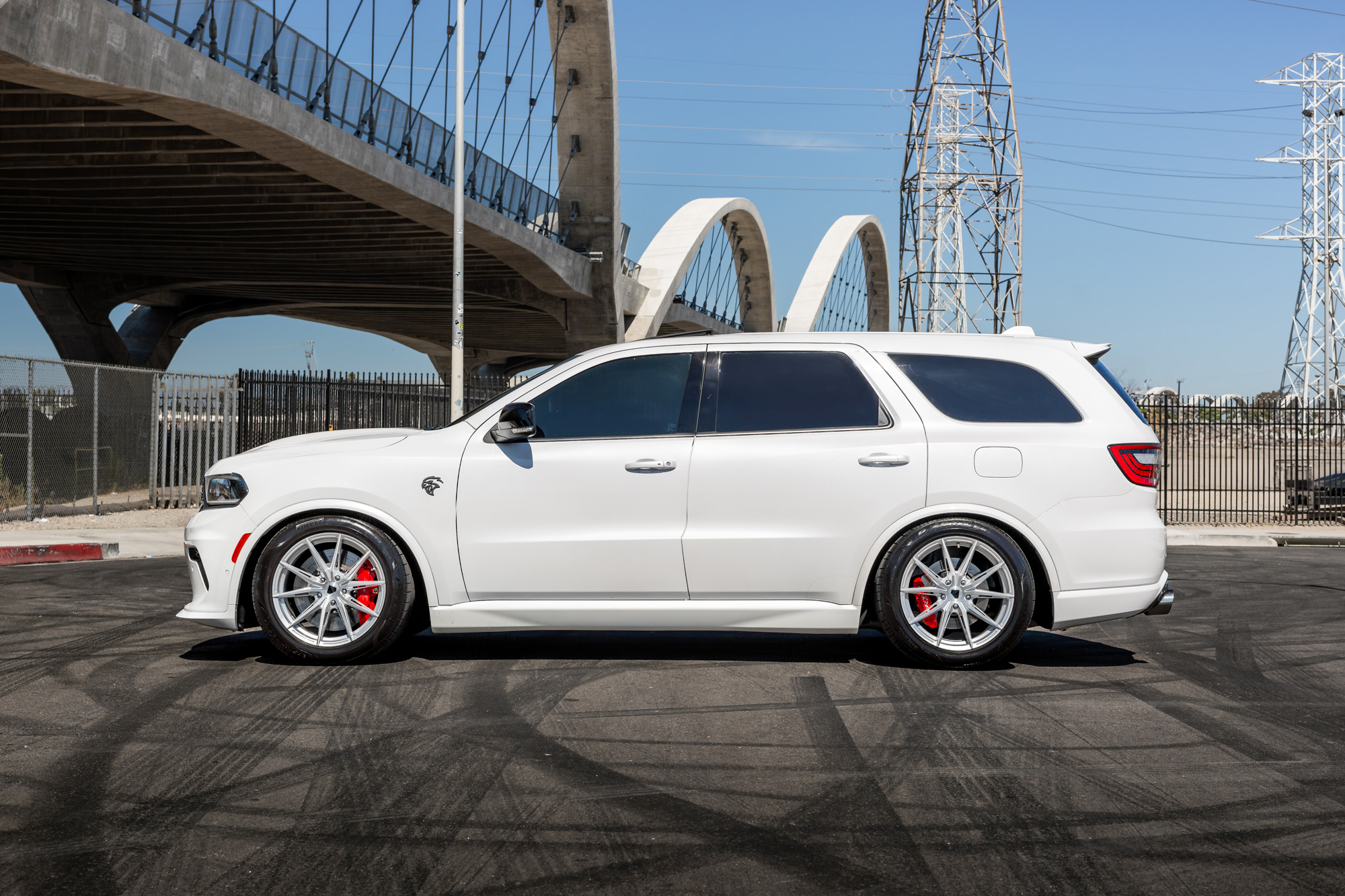 A 2021 White Dodge Durango on Blaque Diamond BD-F29 Brushed Silver Wheels