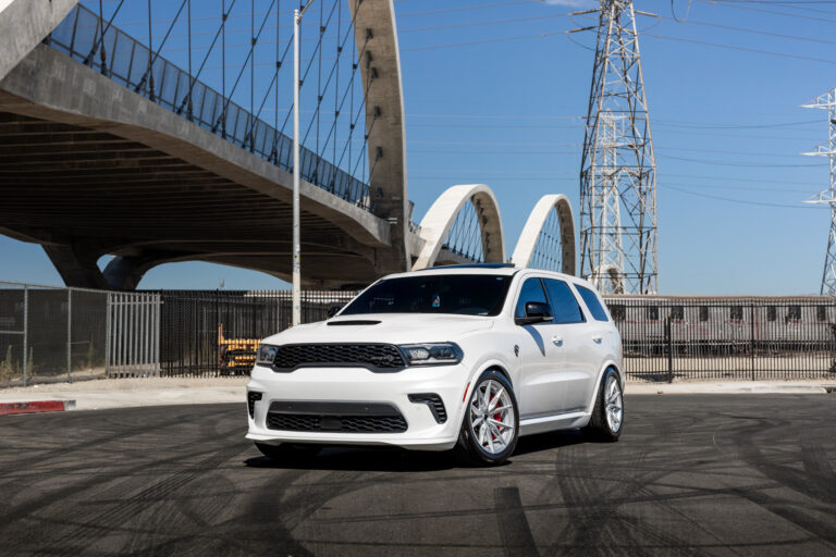 A 2021 White Dodge Durango on Blaque Diamond BD-F29 Brushed Silver Wheels