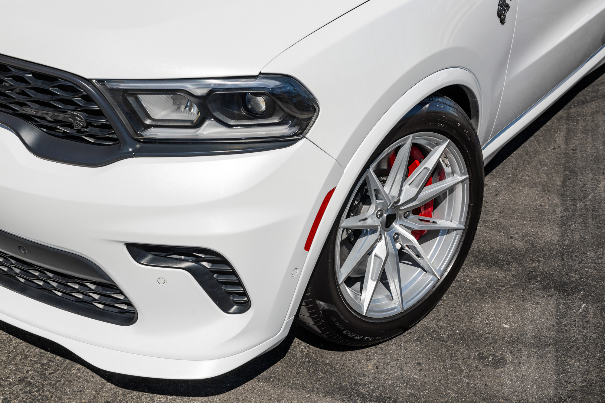 A 2021 White Dodge Durango on Blaque Diamond BD-F29 Brushed Silver Wheels