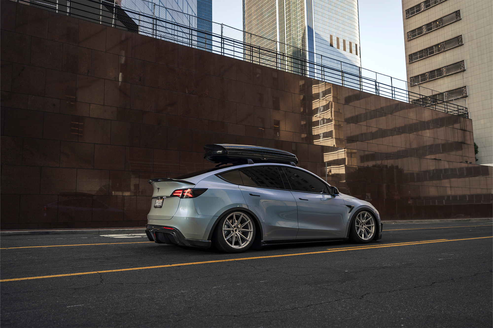 Bagged Tesla Model Y on Blaque Diamond F29 wheels.