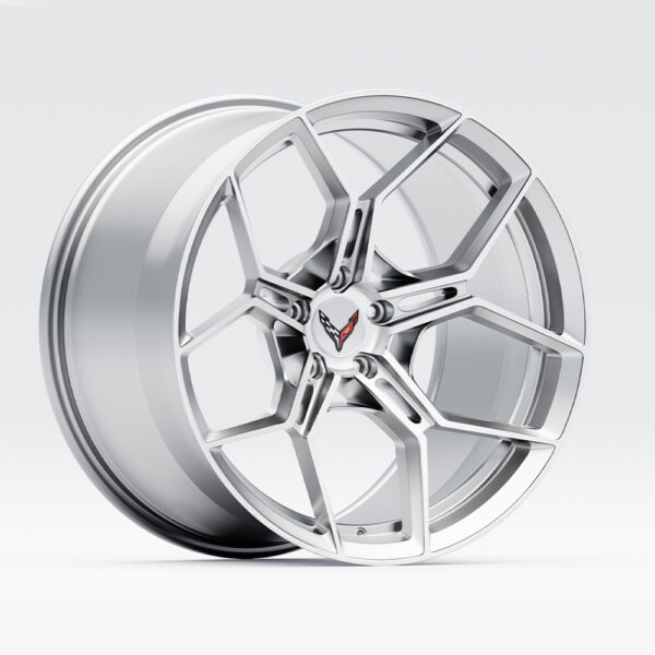 Angled front view of a fully forged brushed silver wheel for Corvette C8 Z06/ZR1